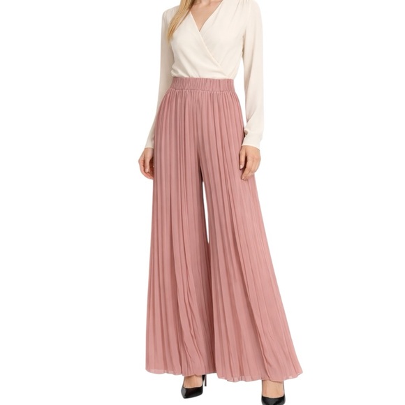 M Signature Label Collection Pants - Coral Pink Pleated Crop Palazzo Pants Stretch Waist Small